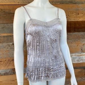 NEVER WORN Silver Crinkle camisole top with lace accents